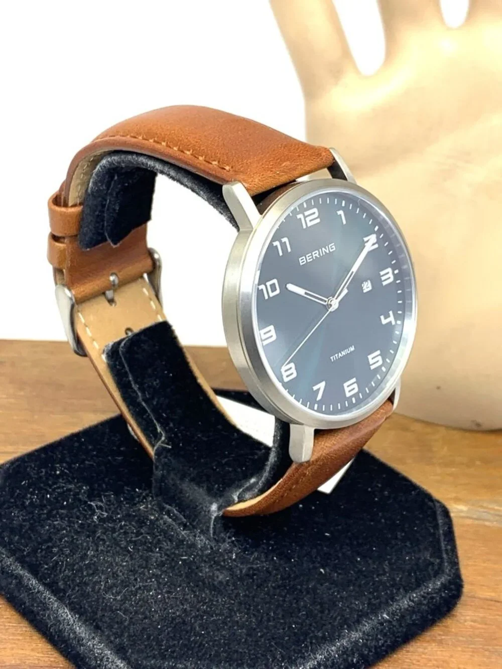 Bering Men's Watch 18640-568 Quartz Green Dial Titanium Case Brown Leather 40mm